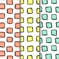 Seamless pattern pack, doodle square shapes lined in 3 direrent grids.