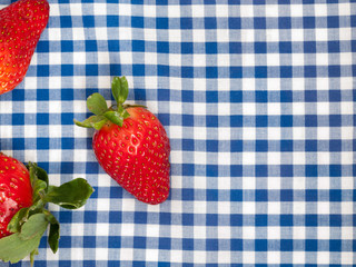 Strawberries on blue and white plaid tablecloth