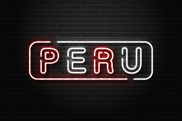 Obraz premium Vector realistic isolated neon sign of Peru lettering logo for decoration and covering on the wall background. Concept of peruvian culture.