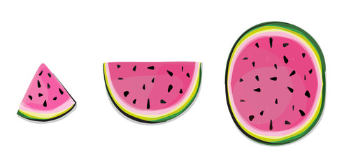 Isolated watermelon slices. Fresh fruits cut in half pink melon in a row isolated on white background with clipping path. Isolated watermelons. Collection of whole and cut watermelon fruits 