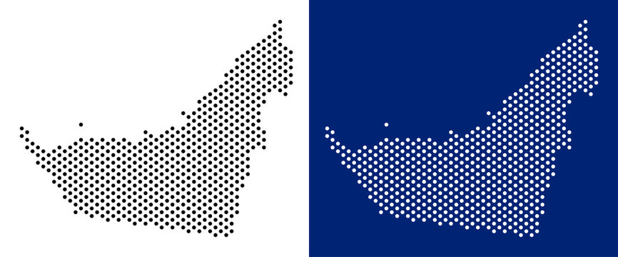 Pixel Arab Emirates map. Vector geographic map on white and blue backgrounds. Vector composition of Arab Emirates map composed of circle dots.