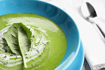 Delicious spinach soup in plate, close up