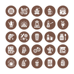 Coffee making equipment flat glyph icons. Elements - moka pot french press, grinder, espresso, vending, plant, croissant. Restaurant, shop pictogram. Solid silhouette pixel perfect 64x64.