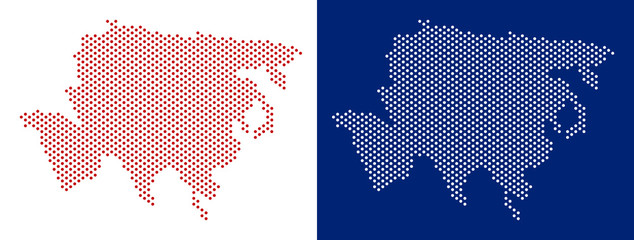 Pixel Asia map. Vector geographic map on white and blue backgrounds. Vector mosaic of Asia map constructed with round dots. © Aha-Soft