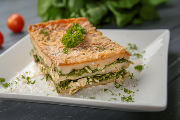 Lasagna with spinach on plate, close up