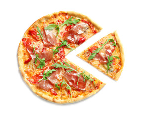 Tasty hot pizza with meat on white background