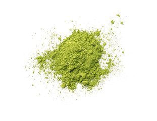 Pile of powdered matcha tea on white background, top view