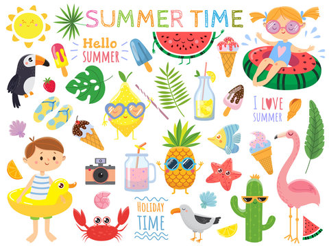 Summer set with cute elements.Funny fruits, drinks, tropical. leafs, ice cream and bird. Kids on swimming circles.Vector illustration on white background