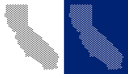 Dotted California map. Vector geographic map on white and blue backgrounds. Vector mosaic of California map made with round spots.