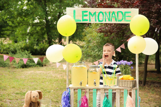 Little boy at lemonade stand in park
