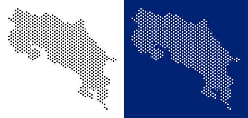 Pixel Costa Rica map. Vector geographic map on white and blue backgrounds. Vector mosaic of Costa Rica map composed of round dots.