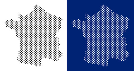 Pixel France map. Vector geographic map on white and blue backgrounds. Vector composition of France map constructed with round pixels.