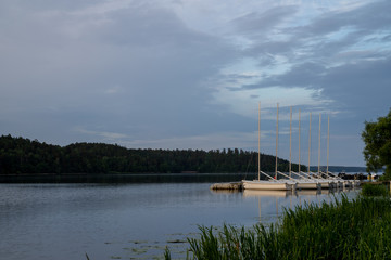 A row of small sailing boats lay moored, side by side, in a tranquil bay of lake Malaren, a summer morning in Sweden – in the background across the lake a dark pine forest beneath a dramatic pink sky.