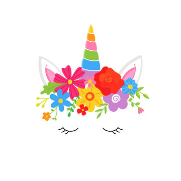 Sweet colorful unicorn vector hand drawn illustration with flower crown, magical rainbow horn, ears, closed eyes with eyelashes, isolated on white.