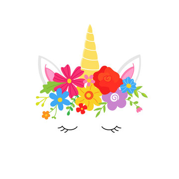 Sweet colorful unicorn vector hand drawn illustration with flower crown, magical gold horn, ears, closed eyes with eyelashes, isolated on white.