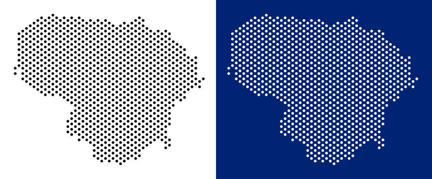 Dotted Lithuania map. Vector geographic map on white and blue backgrounds. Vector mosaic of Lithuania map composed from sphere points.