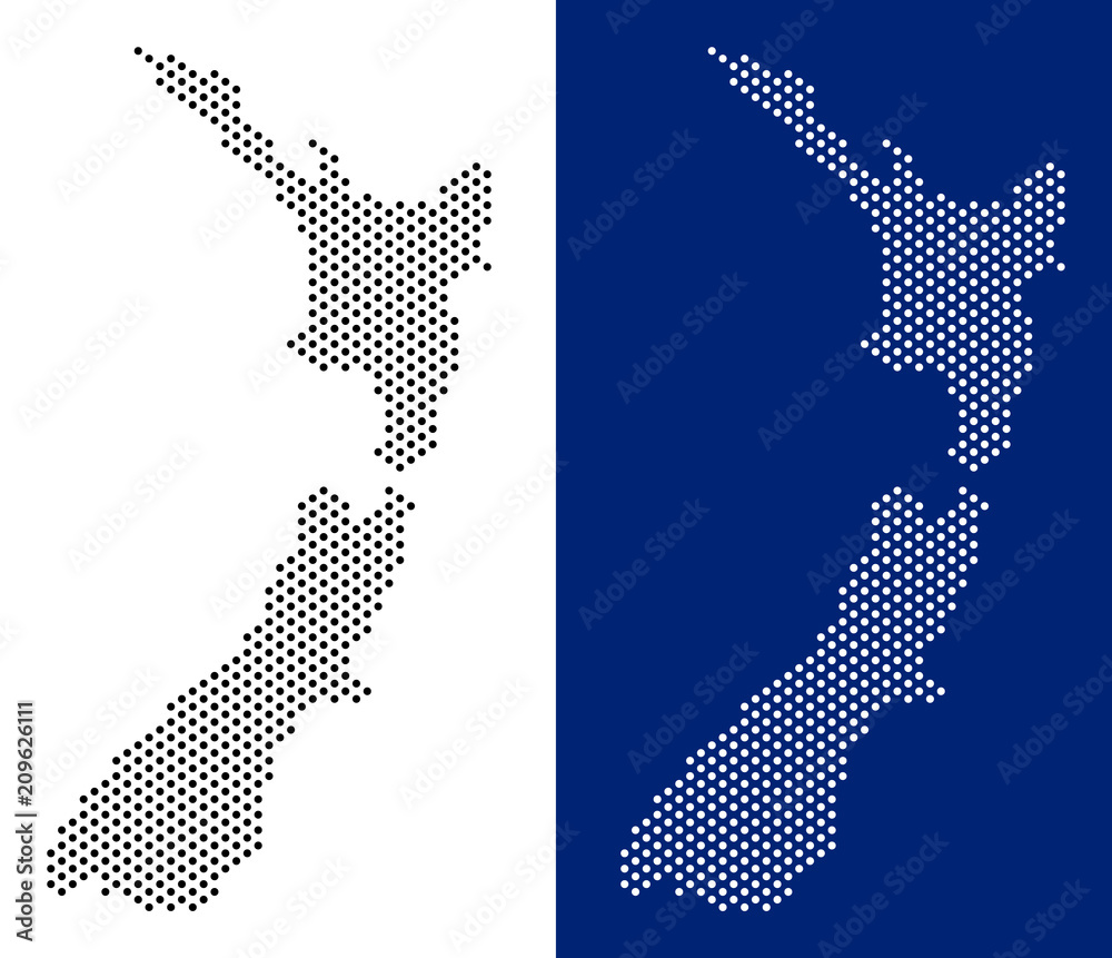 Wall mural Dot New Zealand map. Vector geographic map on white and blue backgrounds. Vector mosaic of New Zealand map created from spheric dots.