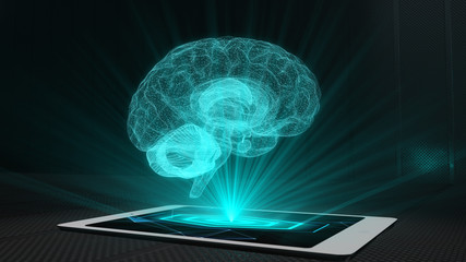 Brain projection futuristic holographic display phone tablet hologram technology - obrazy, fototapety, plakaty