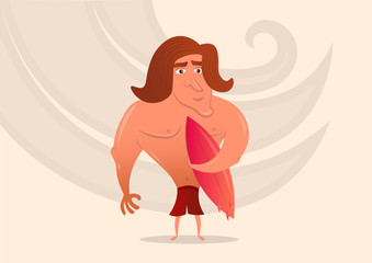 Man with surf board. Cartoon character. Vector cartoon illustration.