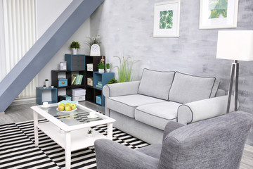 Modern living room design with big striped carpet