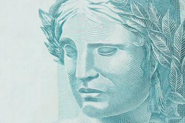 Republic's Effigy portrayed as a bust on Brazilian money. Super macro closeup on one hundred bill....