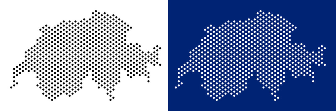 Pixel Swissland map. Vector geographic map on white and blue backgrounds. Vector collage of Swissland map designed with circle pixels.