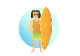 Cartoon Men in shorts with surfboard. Guy holding a surf.