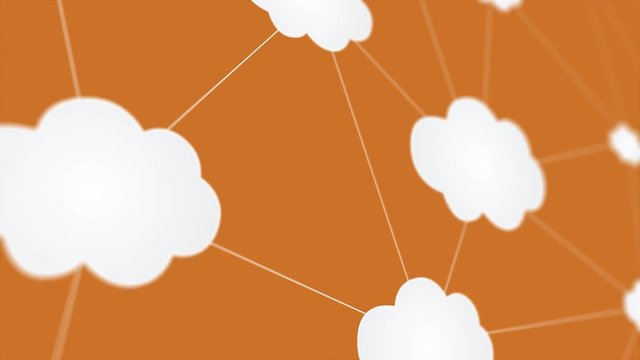 White cartoon clouds with bitcoin symbol. Digital money, crypto currency, BTC