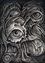 Art Surreal Eyes and Nature. Hand pencil drawing on paper.