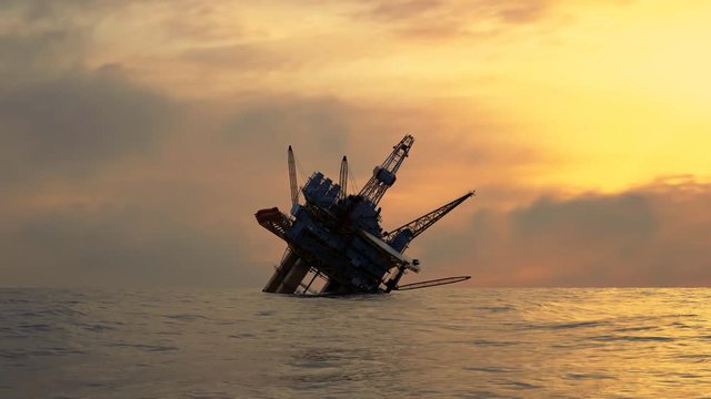Silhouette of a fallen offshore oil platform. Oil industry dangerous accident.