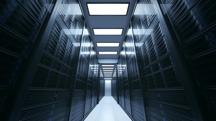 Modern web network servers data center. Big data storage and cloud computing. 4k