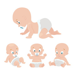  Crawling, sitting and smiling newborn boy or girl with a dummy. .