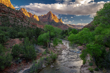 Gorgeous spring view of  "the Watchman" rock formation and river of Zion National Park in Utah, USA.