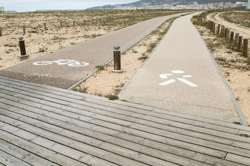 Parallel paths on a beach marked for pedestrians and bicyclists.