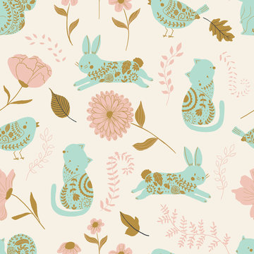 in the garden vector seamless pattern. Kids background with cute animals, birds and flowers © Mindy