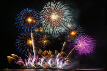 Fantastic Multicolor Firework Celebration from the big boat over the sea, celebration concept