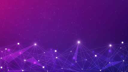 Fototapeta premium Technologia Blockchain w futurystycznym ultrafioletowym tle hud z wielokątną siecią typu peer to peer. Koncepcja transparent biznes globalnego łańcucha bloków kryptowalut na fioletowym tle.