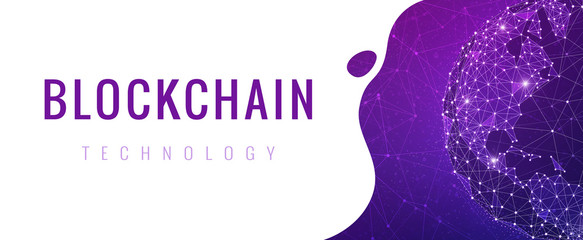 Blockchain technology futuristic hud ultraviolet background with world globe and blockchain polygon peer to peer network. Global cryptocurrency block chain violet business banner concept - copy space.