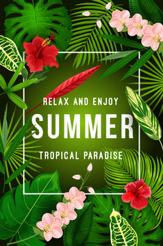 Summer tropical palm leaf and exotic flower banner