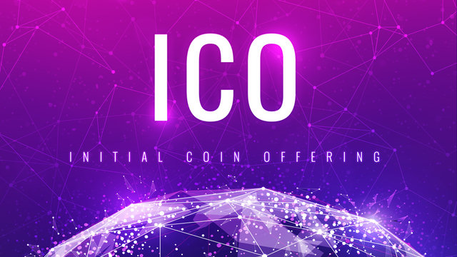 ICO initial coin offering futuristic ultraviolet hud background with world map and blockchain peer to peer network. Global cryptocurrency ICO coin sale event - blockchain business banner concept.