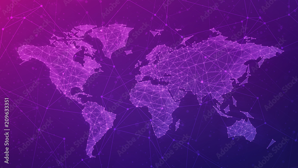 Poster polygon world map with blockchain technology peer to peer network on blue background. network, p2p b