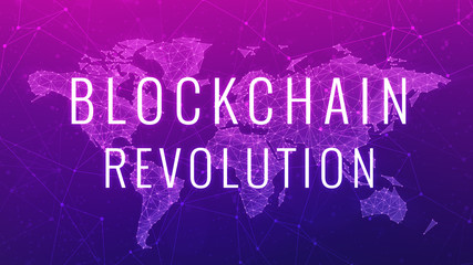 Fototapeta premium Blockchain revolution wording on futuristic hud ultraviolet background with polygon world map and blockchain peer to peer network. Network, e-business global cryptocurrency blockchain business concept