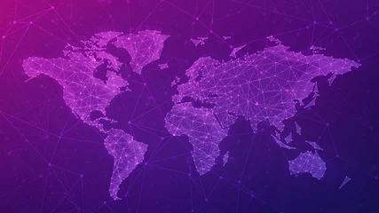 Polygon-Weltkarte mit Peer-to-Peer-Netzwerk der Blockchain-Technologie auf blauem Hintergrund. Netzwerk, P2P-Geschäft, E-Commerce, Bitcoin-Handel und globales Banner-Konzept für Kryptowährungs-Blockketten. © Visual Generation