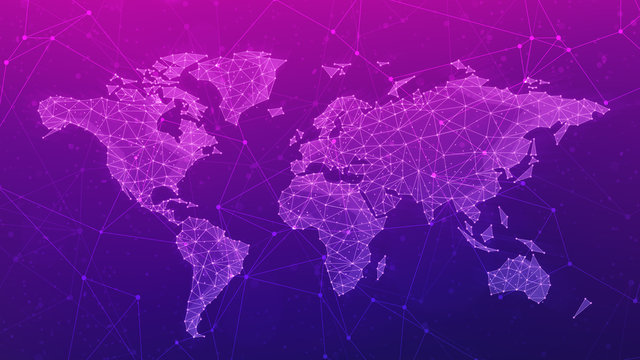 Fototapeta Polygon world map with blockchain technology peer to peer network on blue background. Network, p2p business, e-commerce, bitcoin trading and global cryptocurrency blockchain business banner concept.