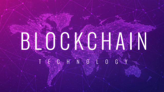 Blockchain technology wording on futuristic hud ultraviolet background with polygon world map and blockchain peer to peer network. Network, e-business global cryptocurrency blockchain business concept