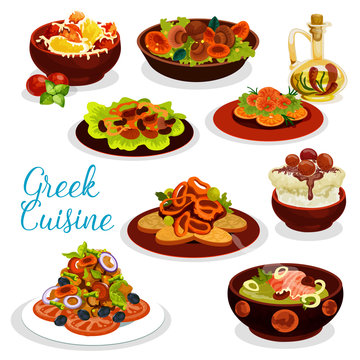 Greek cuisine icon of seafood lunch with dessert