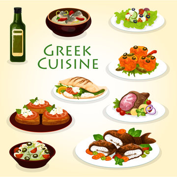 Greek dinner icon with mediterranean cuisine food
