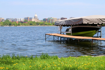 Sunny spring day cityscape with beautiful blooming tree and bench on a foreground. Scenic view...