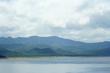 Landscape of mountains ,island and river at Bhumibol Dam in Tak,Thailand