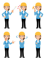 建築現場で働く女性　ブルーのジャケット　6種類のポーズセット1
